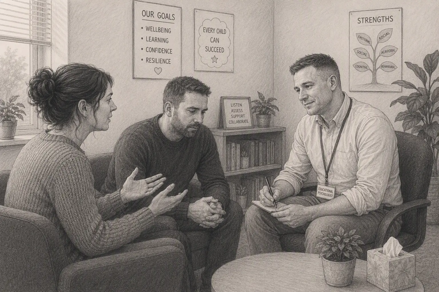 Parents in conversation with an educational psychologist during a consultation.