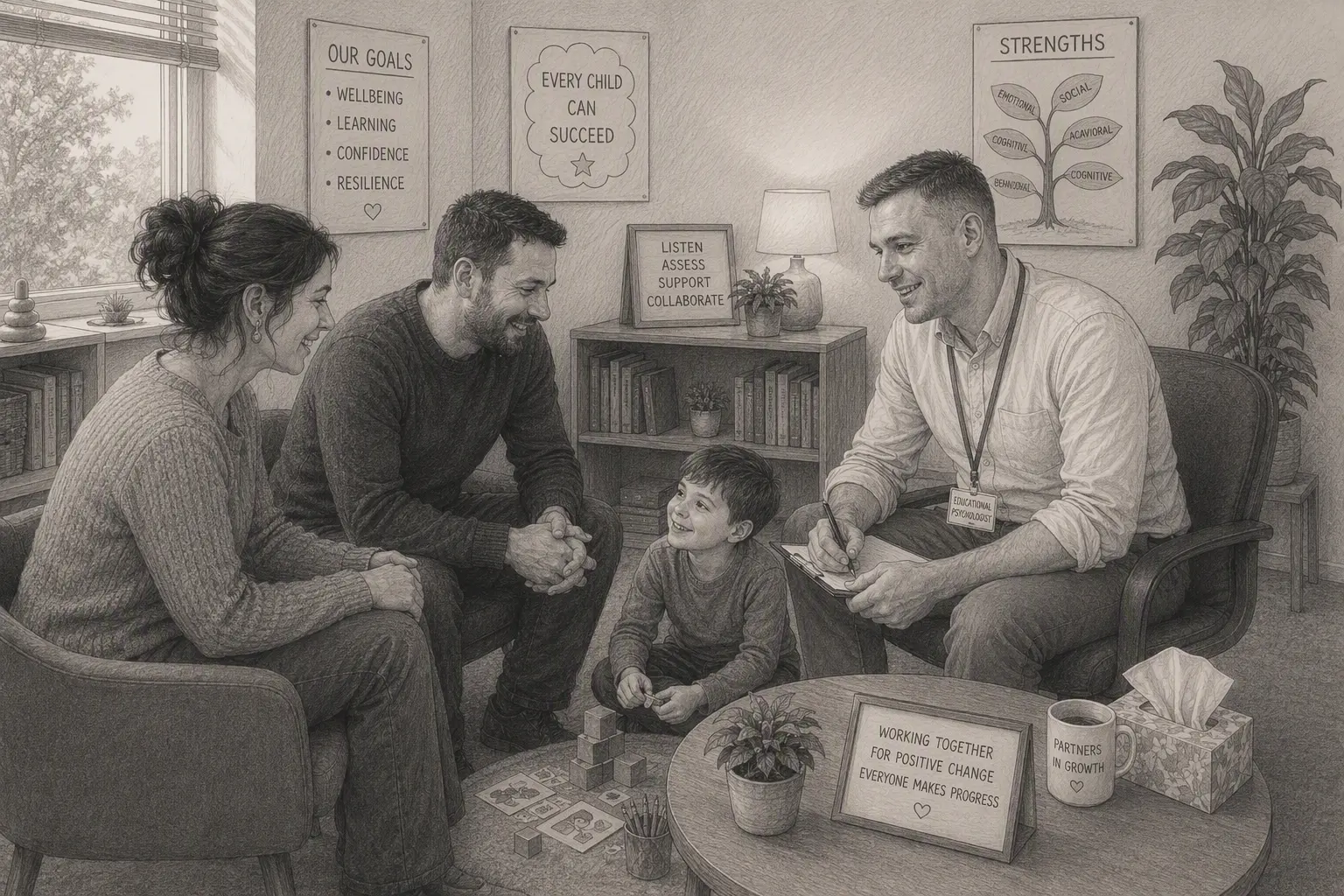 Illustration of an educational psychologist meeting with a family and child in a warm, welcoming room