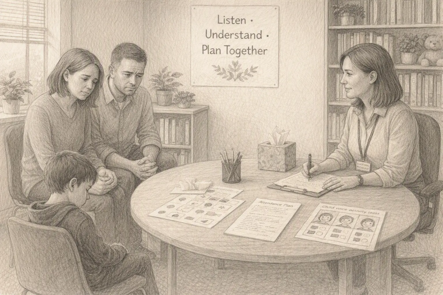 An educational psychologist sits at a round table with a child and two parents; a poster on the wall reads Listen · Understand · Plan Together